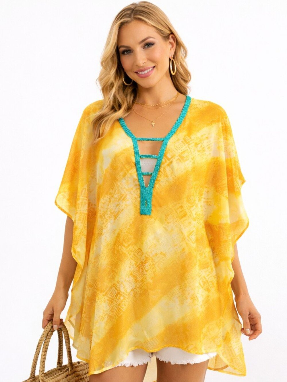 Boho Sheer Tunic Cover Up Yellow Beaded Neck Resort Top S/M Club Z